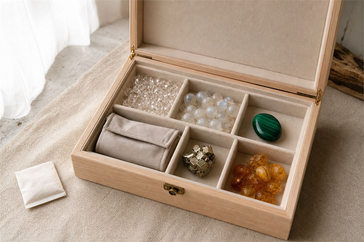 Quartz, moonstone, malachite, pyrite, and amber stored separately in a softly lined divided box