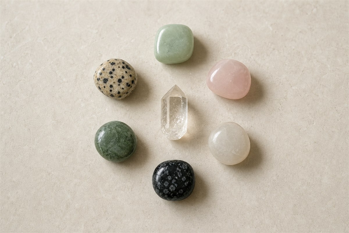 Seven-stone crystal grid with a central clear quartz piece and six different polished stones around it.