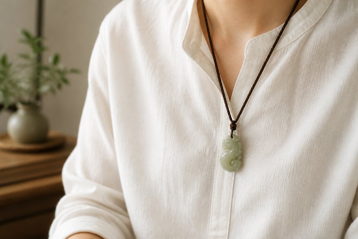 Small Chilong (螭龙) jade pendant worn on a brown braided cord over soft white linen