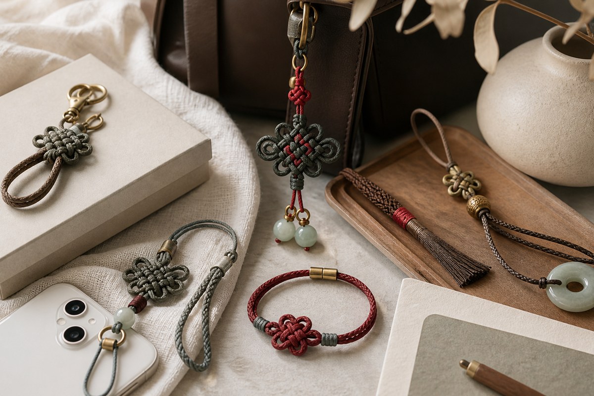 Modern knot accessories with muted cords, leather, metal, and neutral packaging