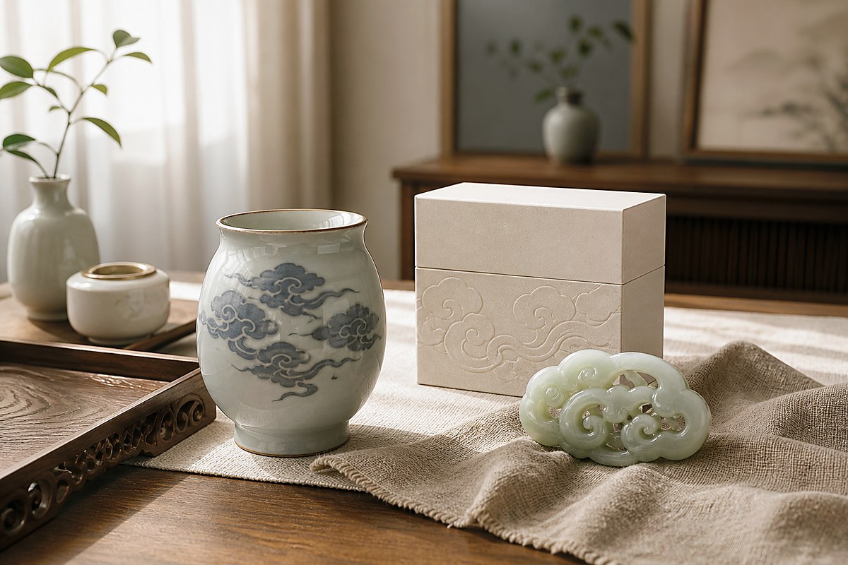 Ceramic home object, paper box, and jade cloud ornament with restrained cloud motifs
