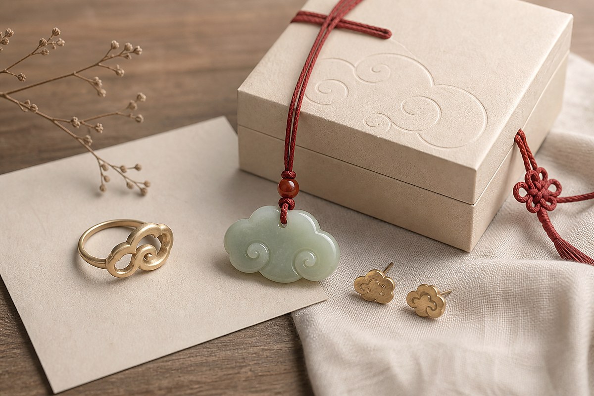 Cloud shaped jade pendant, soft brass jewelry, and blank cream gift box with cloud embossing