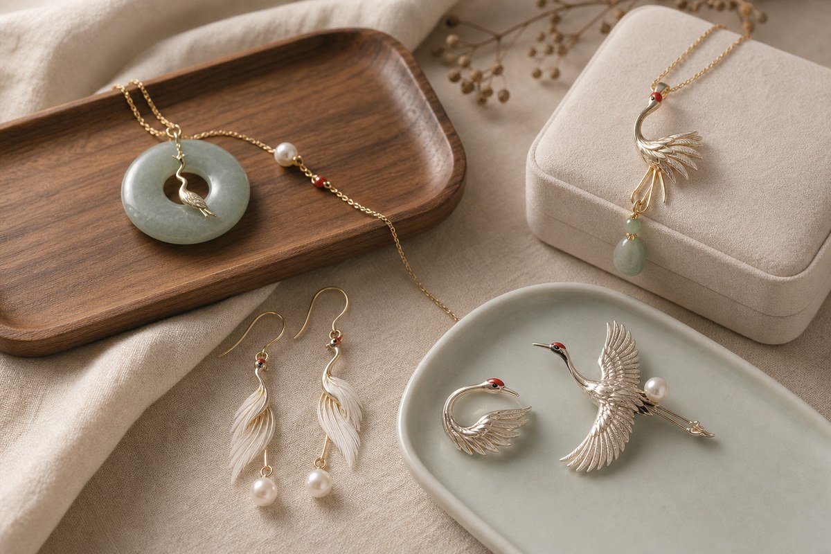 Modern crane-inspired jewelry with minimal brooch, feather earrings, jade charm, pearl, and red enamel crown accent
