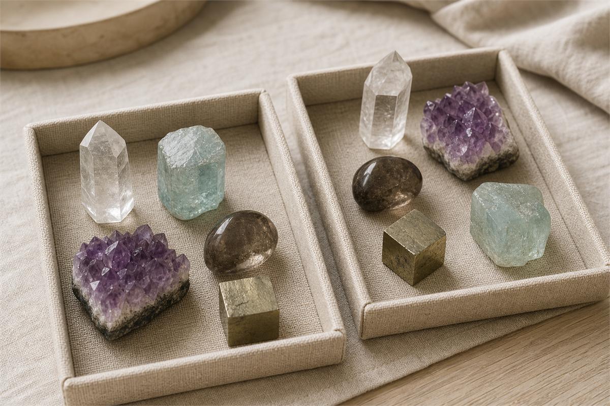 The same clear quartz, aquamarine, amethyst, smoky quartz, and pyrite arranged in two different neutral trays