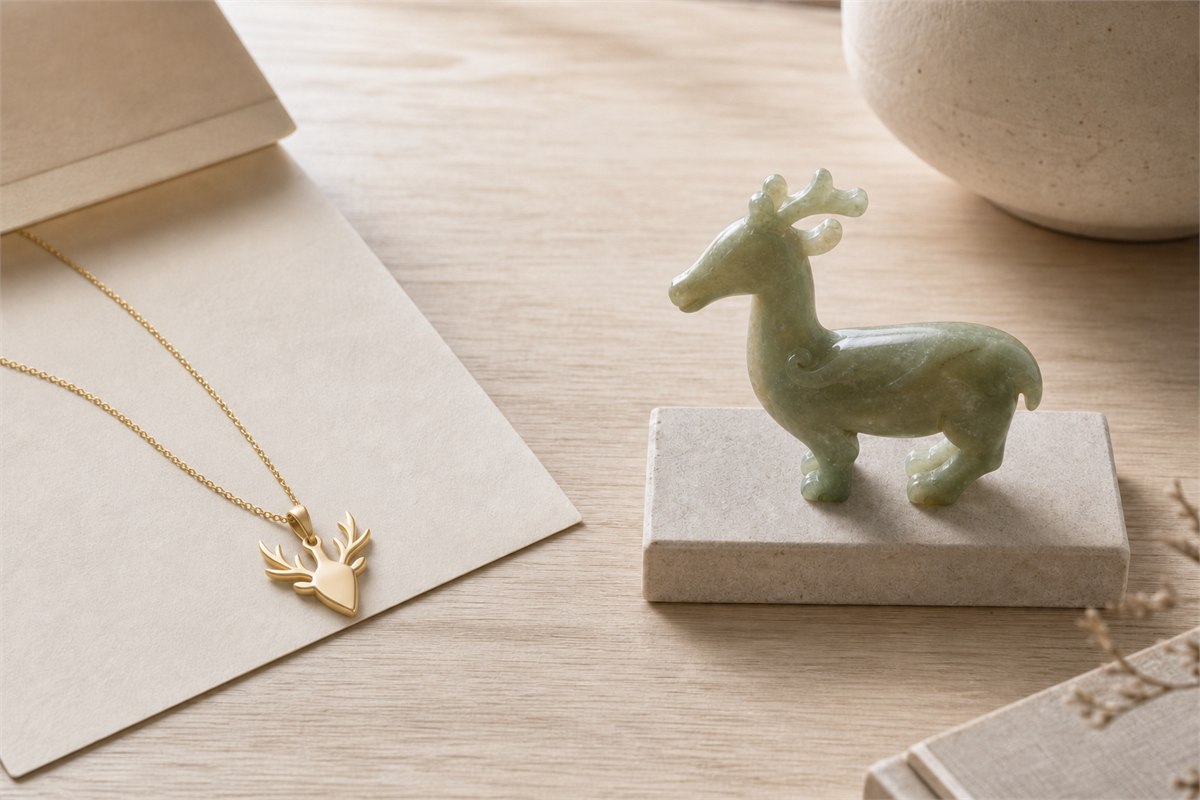 Modern gold deer pendant separated from a green jade deer sculpture on a stone stand
