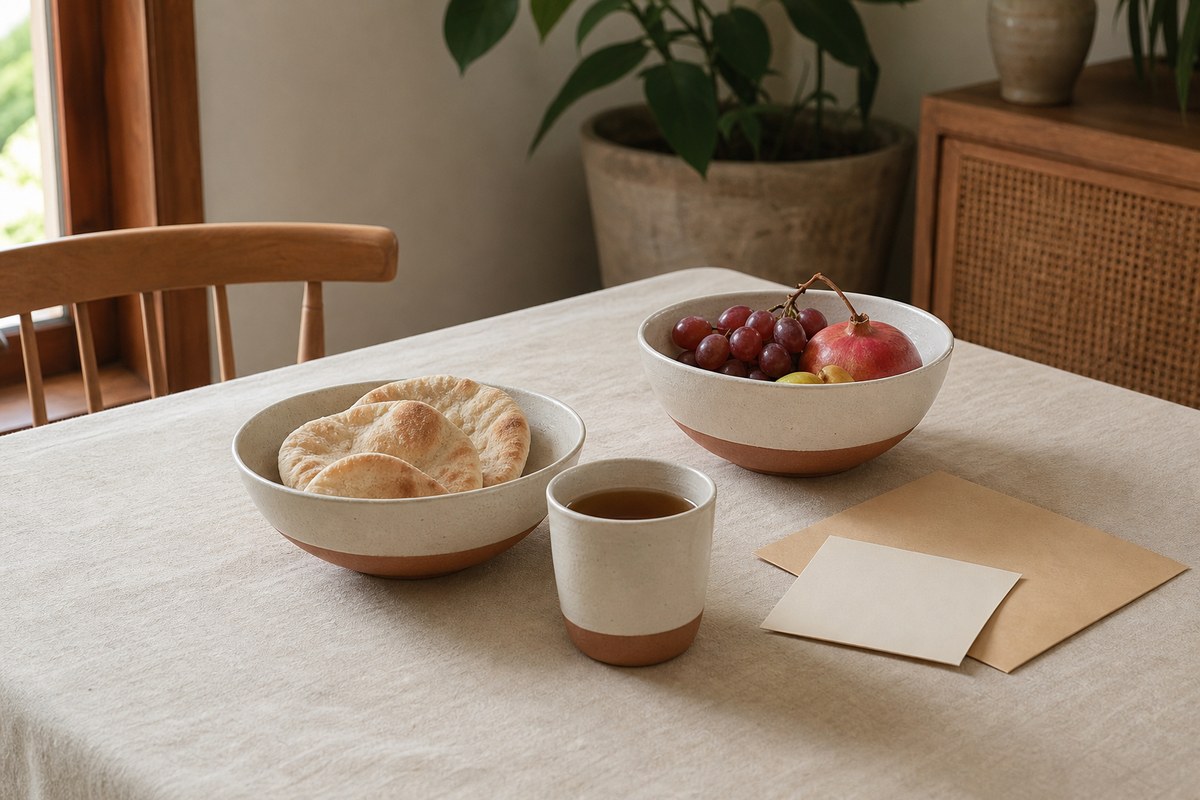 Modern ceramic bowl and cup used for food and drink beside manufacturer documentation