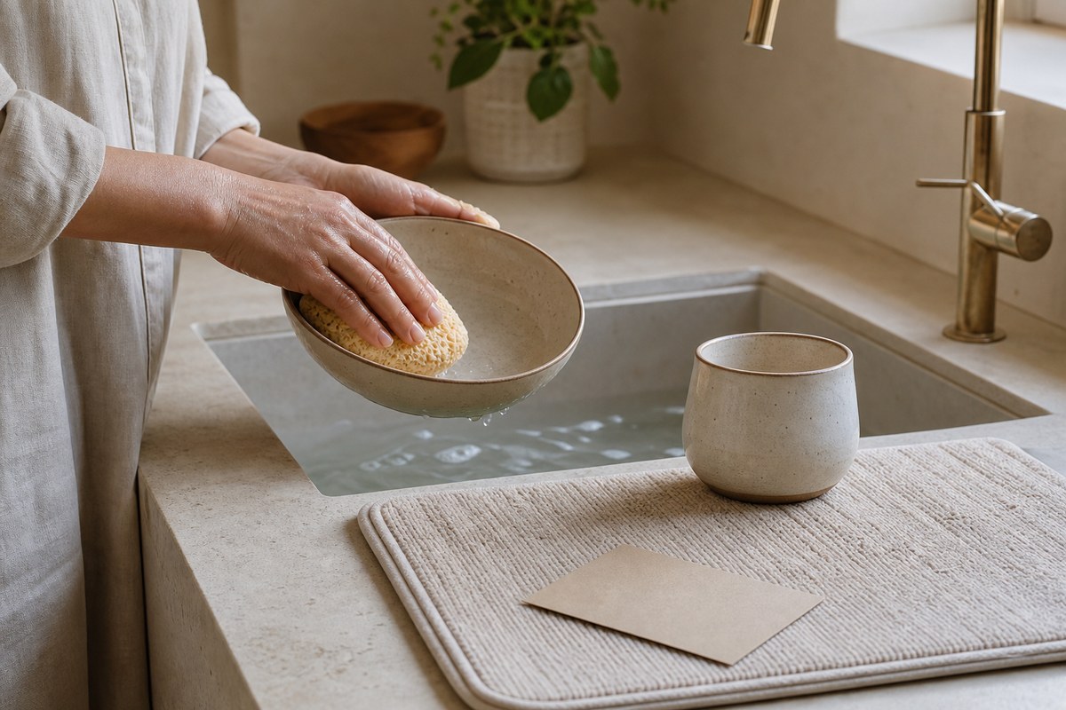 Modern ceramic bowl and cup gently hand washed and placed on a padded drying mat
