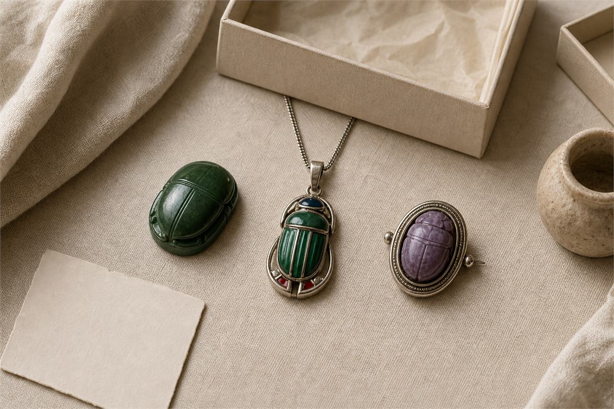 Modern green heart scarab replica, silver enamel beetle pendant, and purple stone Egyptian Revival brooch
