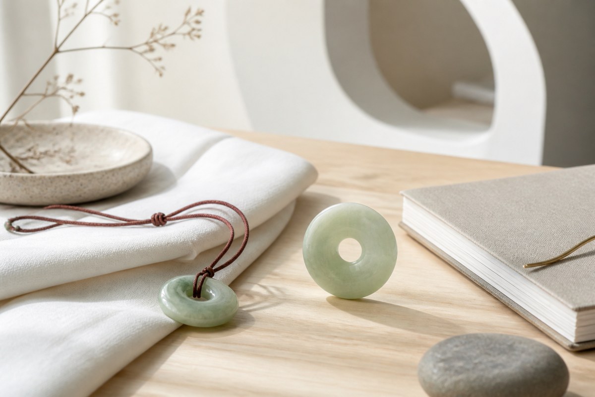 A jade bi pendant and modern circular design objects on a clean neutral surface.