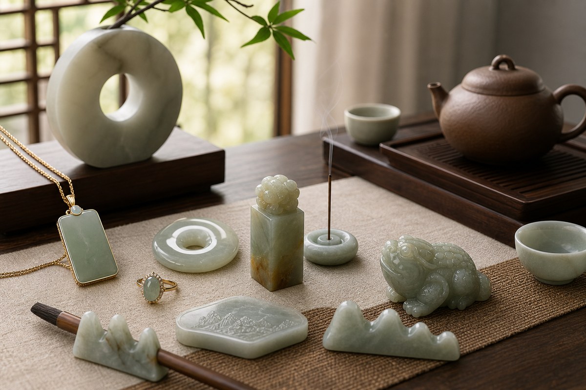 Modern jade carving motifs used in New Chinese jewelry, tea desk objects, jade seal, paperweight, incense holder, and home decor
