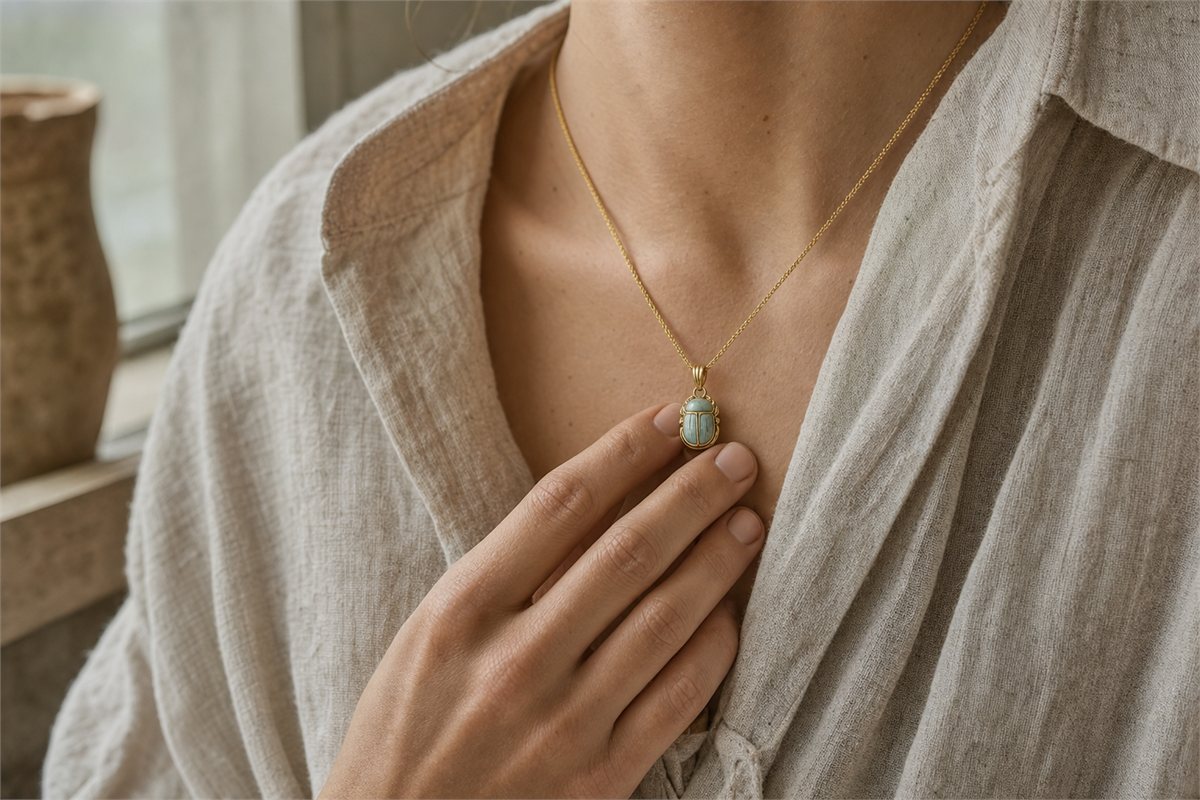 Person in an oatmeal linen shirt touching a small gold and muted turquoise scarab pendant
