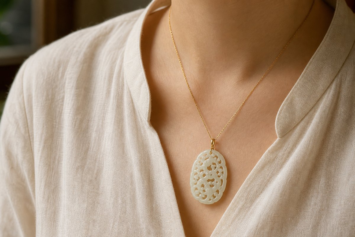 Modern openwork jade carving (镂空玉雕) pendant styled with neutral New Chinese clothing