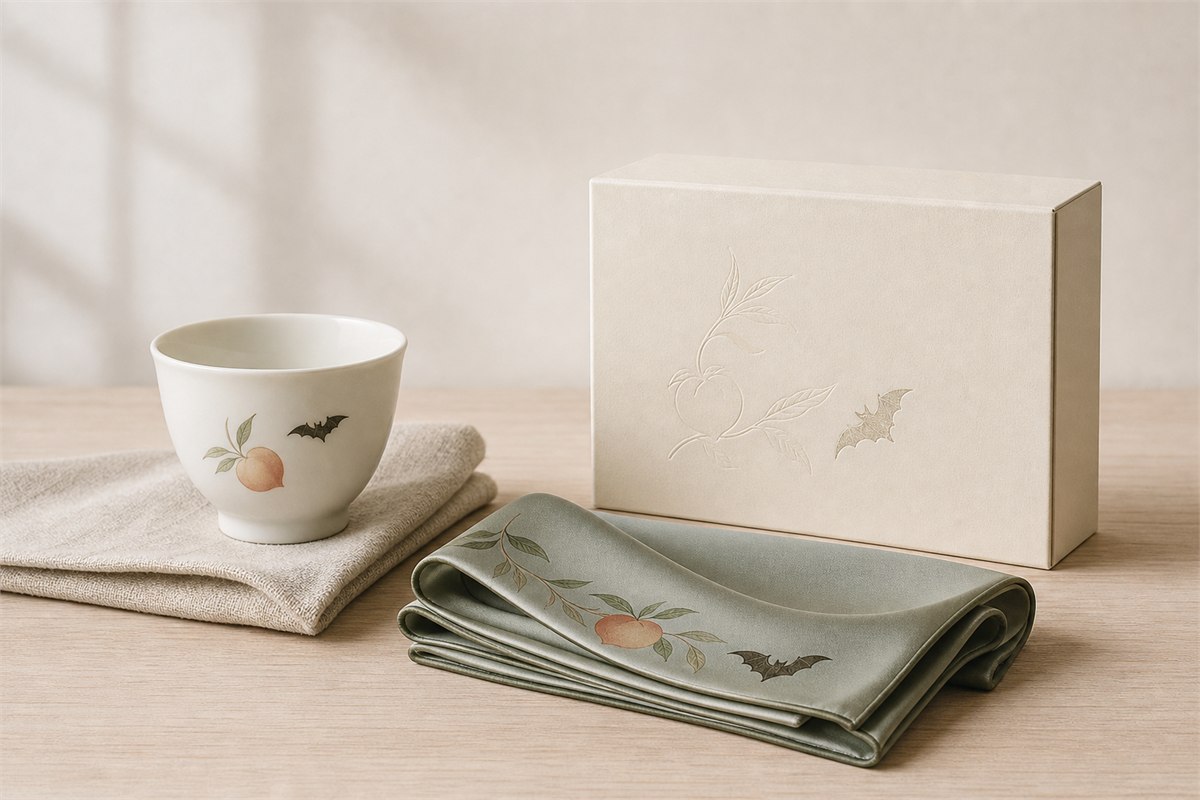 Unbranded teacup, folded scarf, and paper gift box with restrained peach-and-bat designs