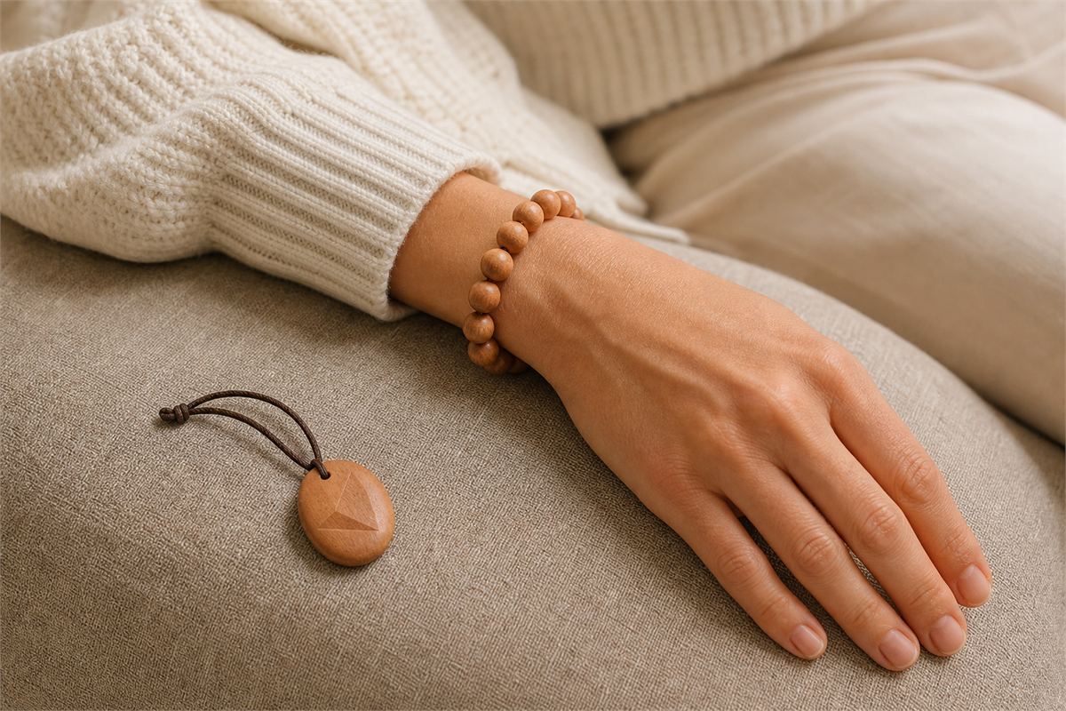Adult wearing a simple peach-wood bead bracelet with a carved pendant nearby