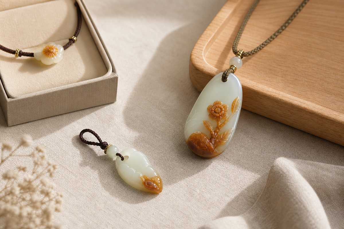 Modern Qiaose (俏色) jade gifts with natural skin color in a restrained Eastern setting