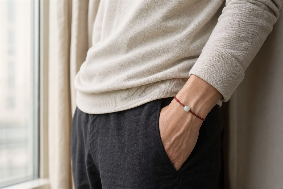 Adult in neutral clothing wearing a simple red cord bracelet with a pale jade bead by a window