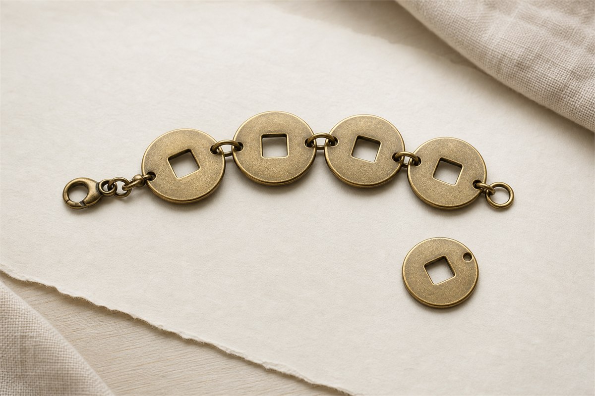 Modern smooth-edged metal and jade coin charms with round outlines and square center holes