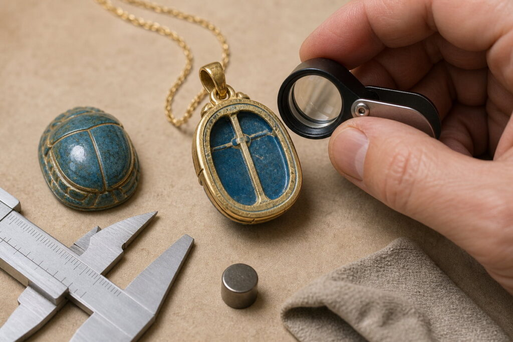 Hand using a loupe to inspect the back, solder seam, bail, and glazed center of a modern scarab-inspired pendant