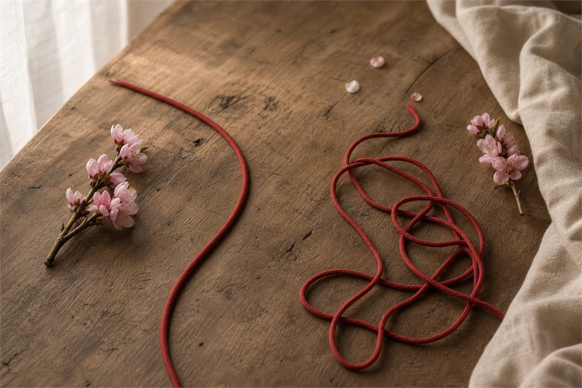 Two peach blossom sprigs beside a straight red cord and a loosely tangled cord on a neutral table