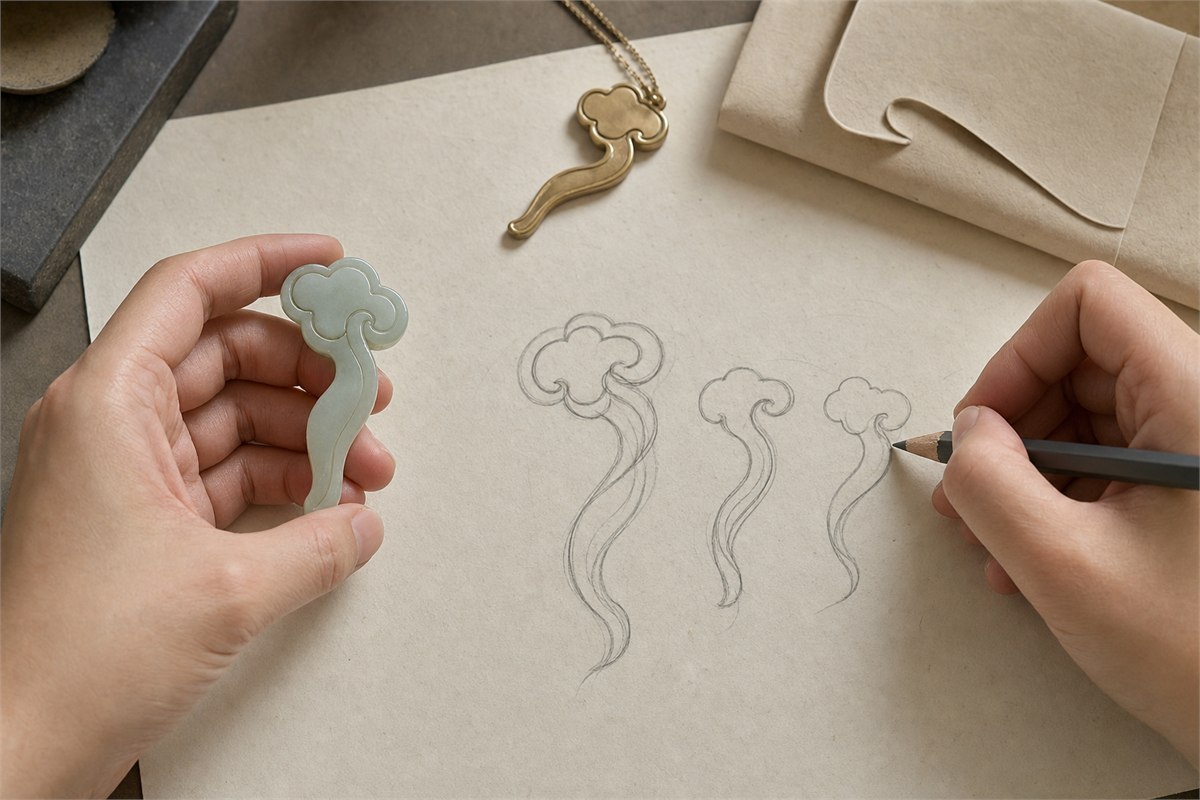 Designer holding a jade motif sample while sketching abstract ruyi-cloud curves