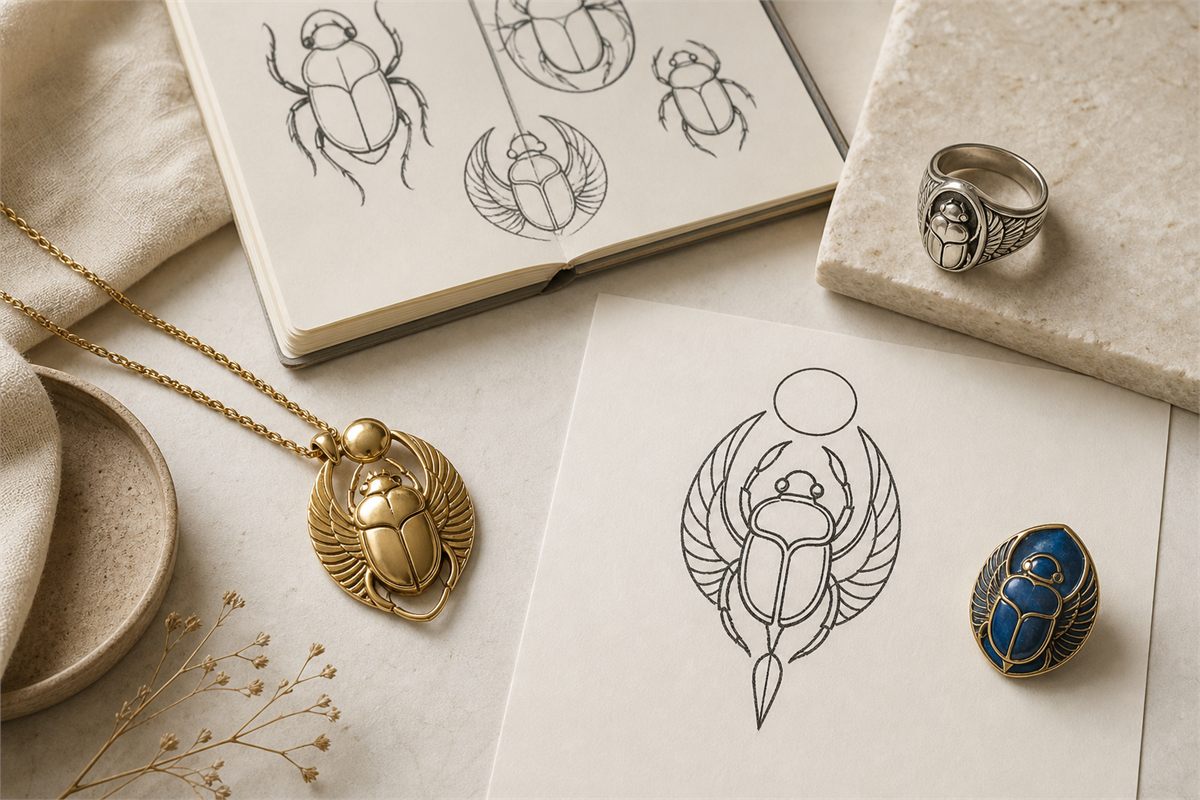 Gold pendant, silver ring, blue brooch, and unlabelled scarab sketches on a warm design desk.