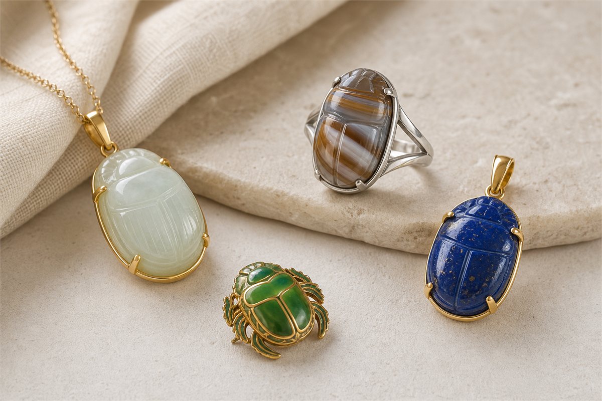 Modern jade, banded agate, lapis lazuli, and enamel scarab jewelry on pale stone.