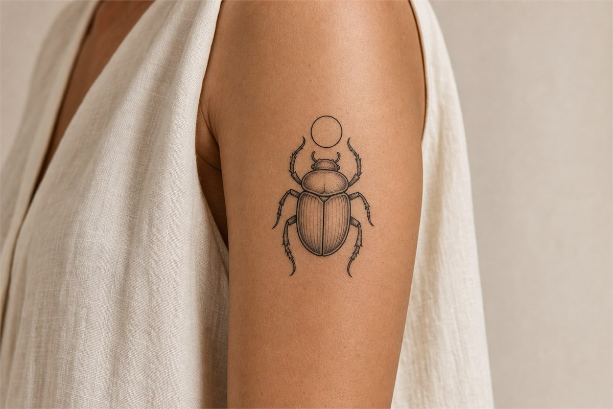 Black-line six-legged scarab tattoo with a simple sun disk on an adult upper arm.