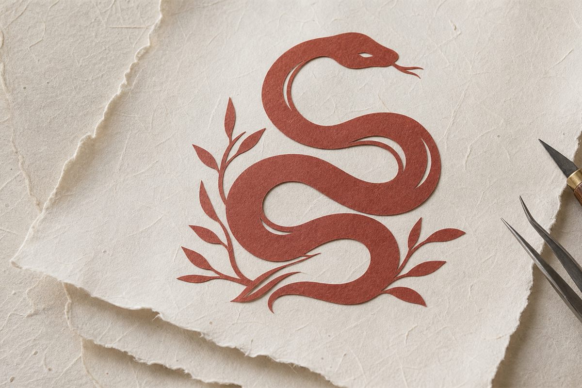 Contemporary paper-cut snake motif on handmade ivory paper