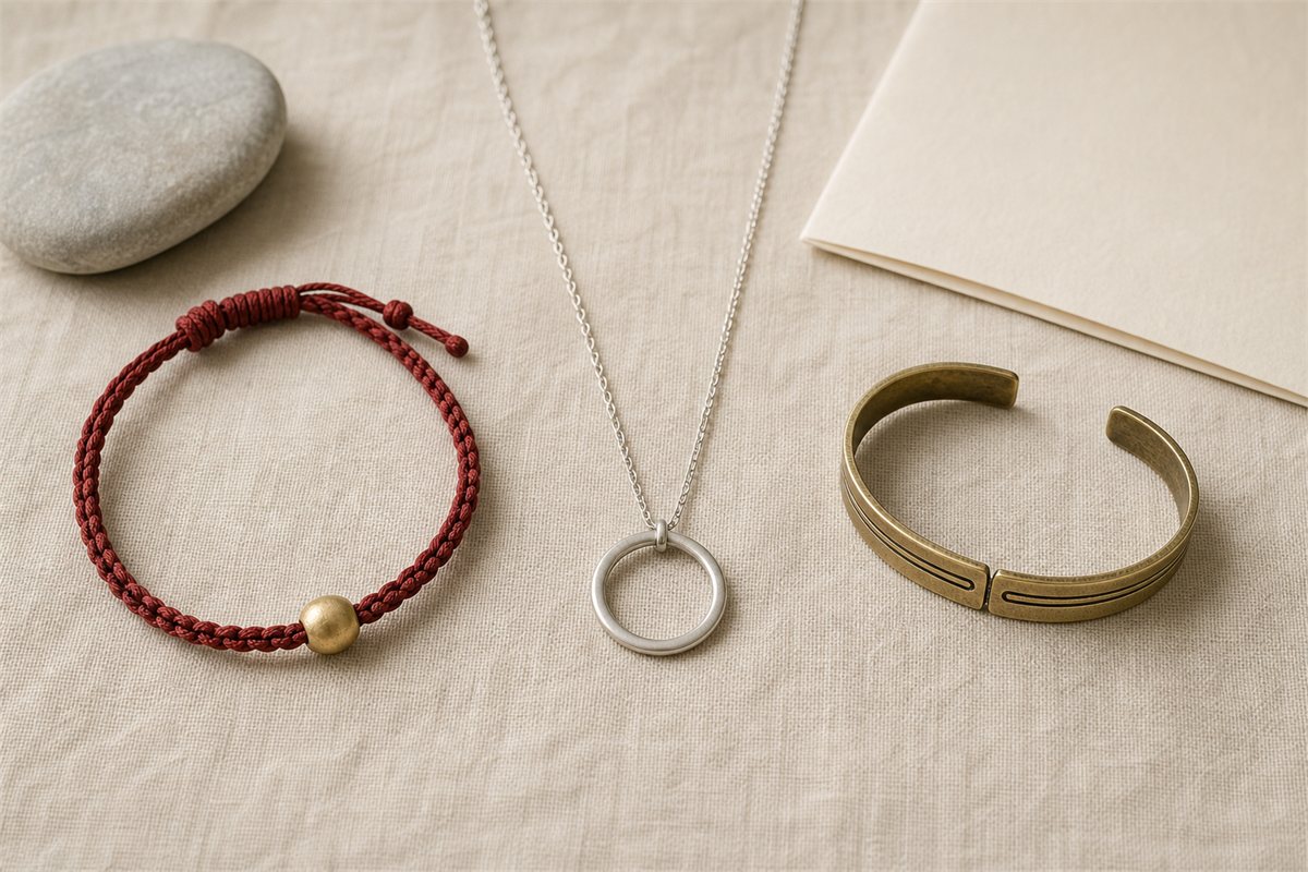 Red cord bracelet, circular brass pendant, and geometric brass cuff arranged on ivory linen