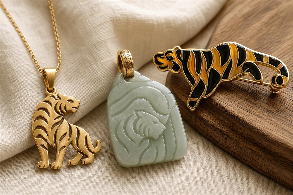 Gold tiger pendant, pale nephrite tiger carving, and enamel tiger brooch