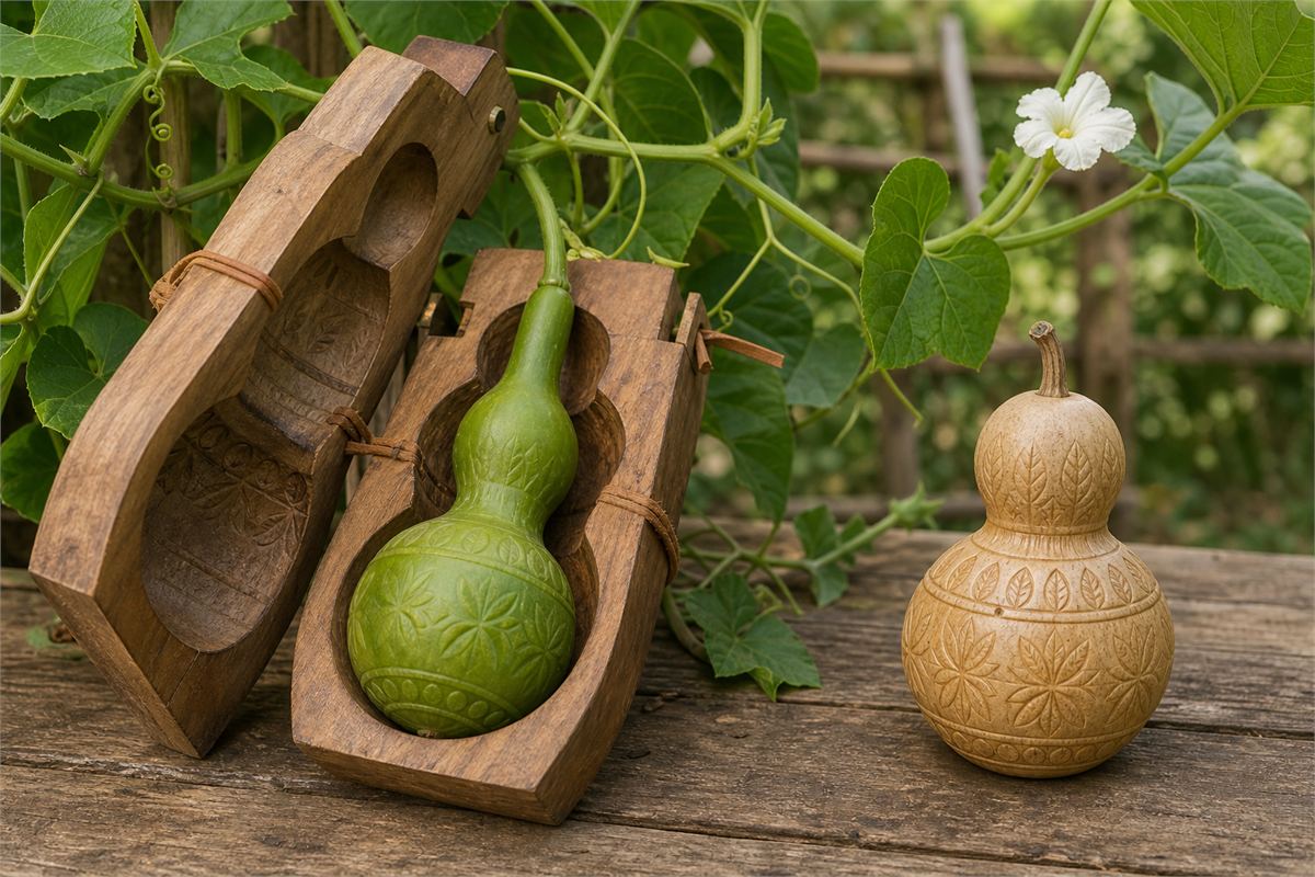 Young bottle gourd growing inside a two-part wooden mold with an opened relief mold nearby