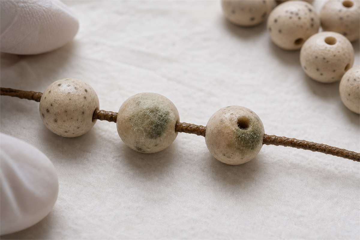 Green-gray fuzzy mold on damp pale Bodhi beads and cord