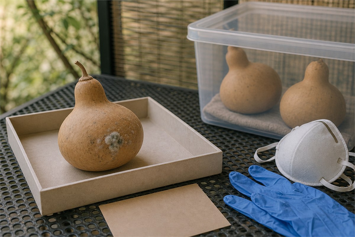 Dried gourd with a localized mold patch isolated in an open tray beside a respirator and protective gloves