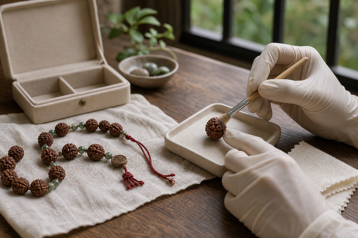 Gloved hands isolating and dry-brushing a mold-affected Rudraksha bead near an open window