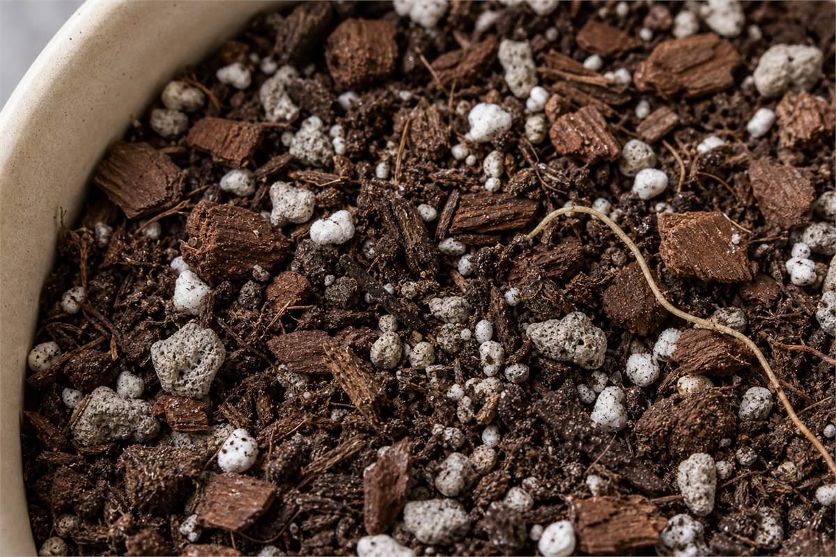 Loose houseplant potting mix with bark and mineral aeration particles