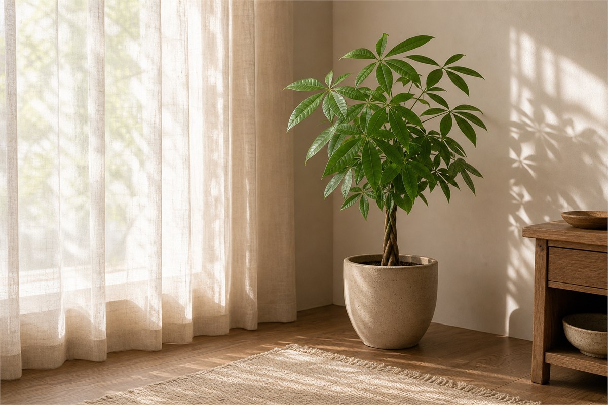 Money tree receiving bright indirect light through a sheer window curtain