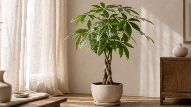 Healthy braided Pachira aquatica in a ceramic pot beside a bright window