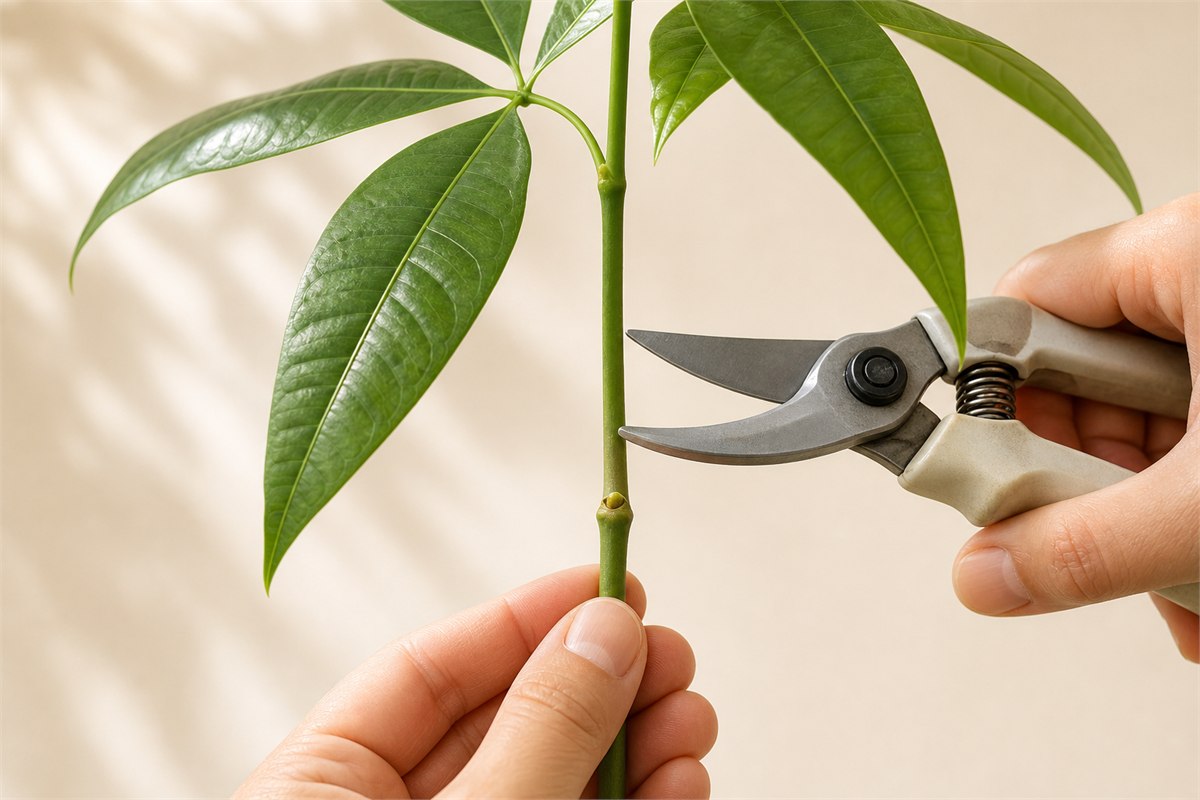 Clean pruning shears cutting a money tree stem just above a node