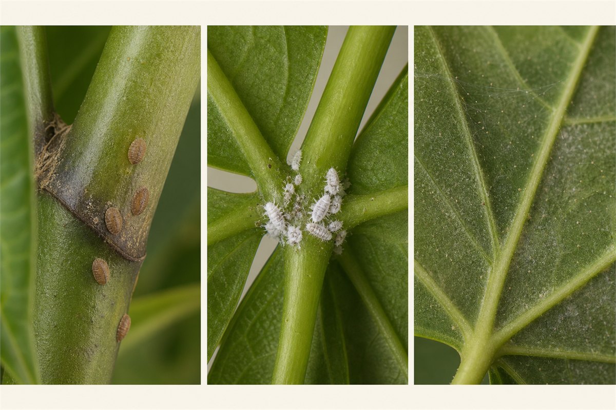 Close views of scale insects, mealybugs, and spider mite webbing on money tree leaves