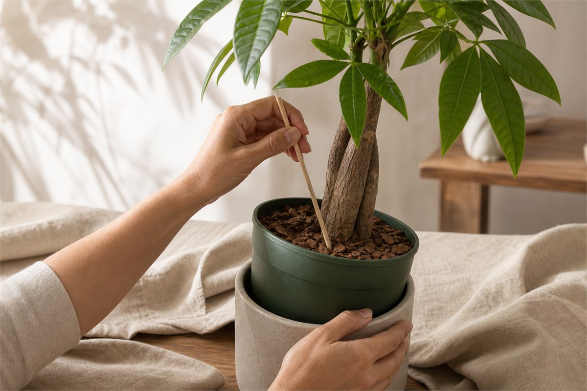 Hands checking money tree soil with a wooden skewer and lifting the pot to judge weight