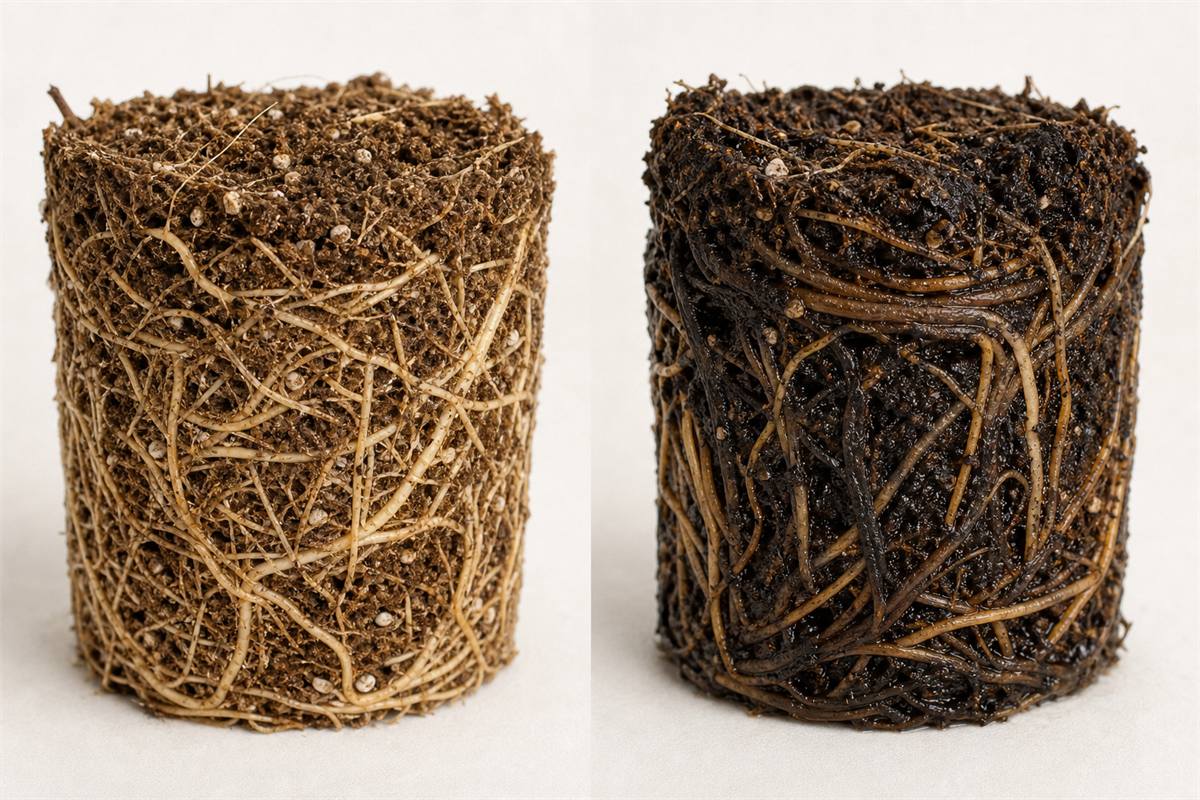 Healthy firm money tree roots compared with dark soft roots affected by rot
