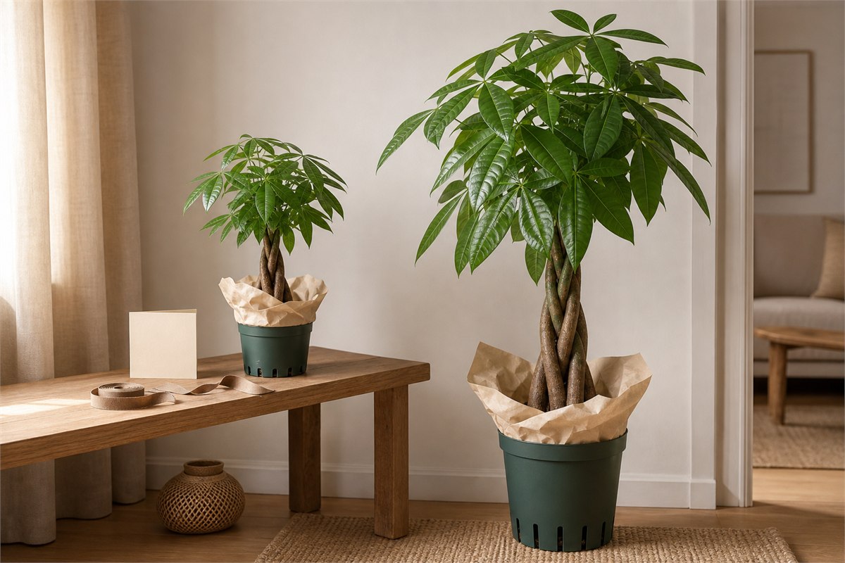 Desktop and medium floor money trees prepared as gifts with drainage left accessible