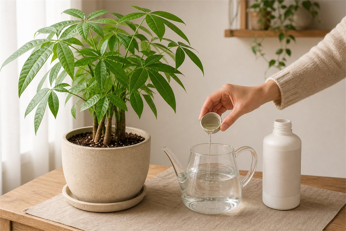 Measured houseplant fertilizer being prepared beside a healthy money tree