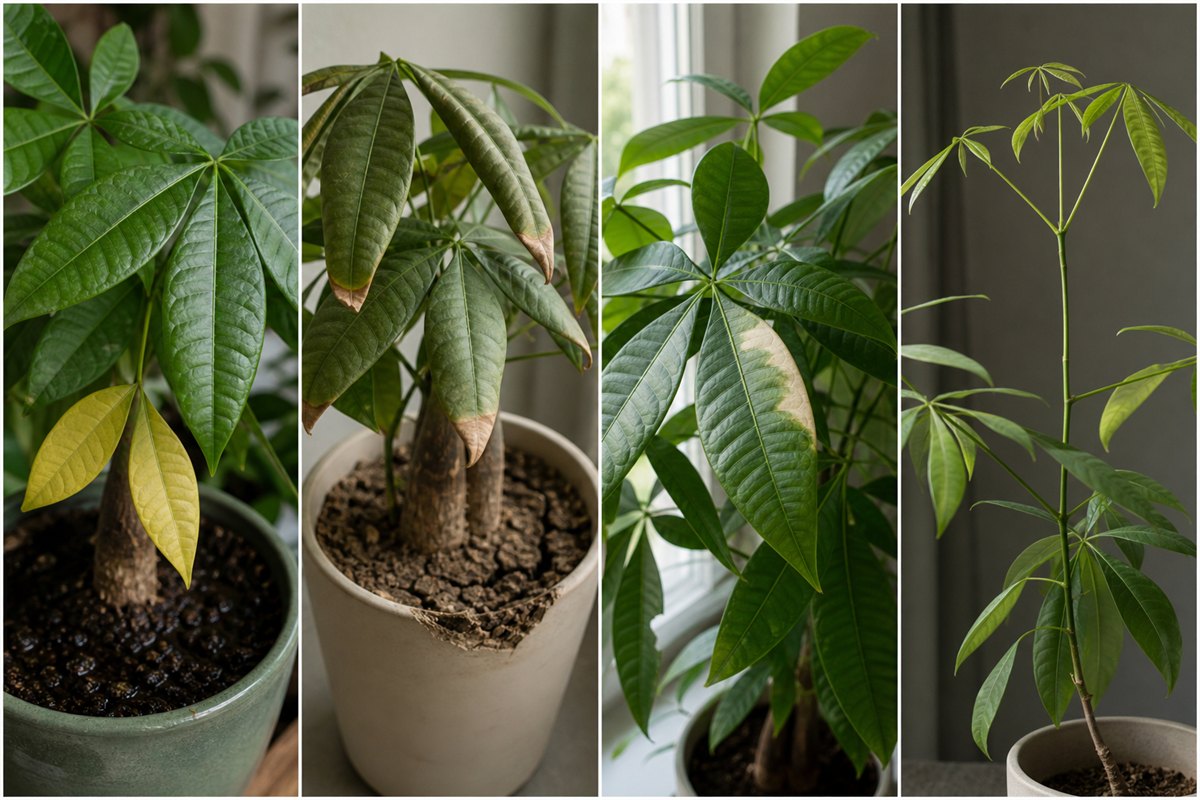 Money tree leaves showing overwatering, drought, sun scorch, and low-light growth patterns