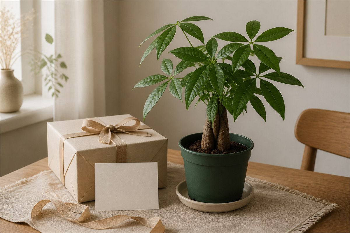 Small money tree presented as a housewarming gift in neutral paper wrapping