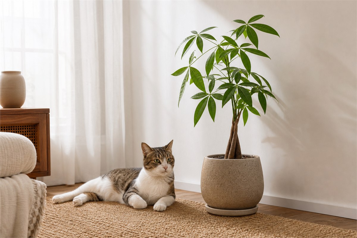 Cat resting near a stable Pachira aquatica without chewing the plant