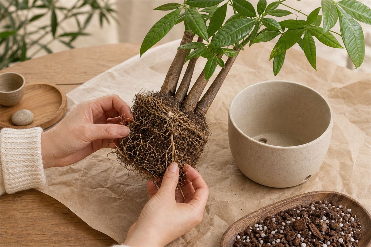 Hands inspecting a compact money tree root ball before repotting