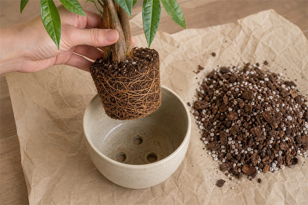 Money tree root ball beside a slightly larger pot with open drainage holes