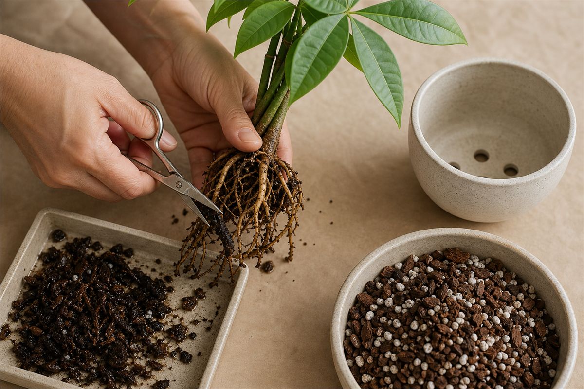 Decayed money tree roots trimmed with clean scissors before repotting in fresh airy mix