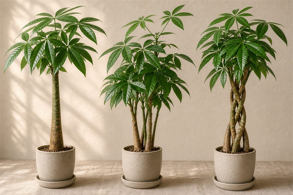 Single-trunk, multi-stem, and braided Pachira aquatica plants shown side by side